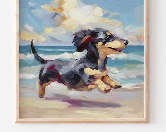Pintura al óleo de perro salchicha de playa, arte de playa, arte mural costero