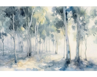 Eucalyptus Grove Watercolor Art Gum Tree Painting Australian Forest Landscape Nature Wall Art