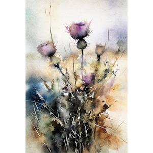Thistle Flowers Watercolor Painting Scottish Flowers Artwork Wildflowers Art Print Floral Wall Art