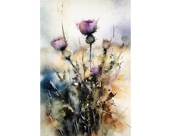 Thistle Flower Watercolor Art Print Scottish Wildflower Painting Floral Wall Art