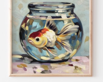 Goldfish in Glass Bowl Oil Print Fish Painting Aquarium Artwork Animal Wall Decor