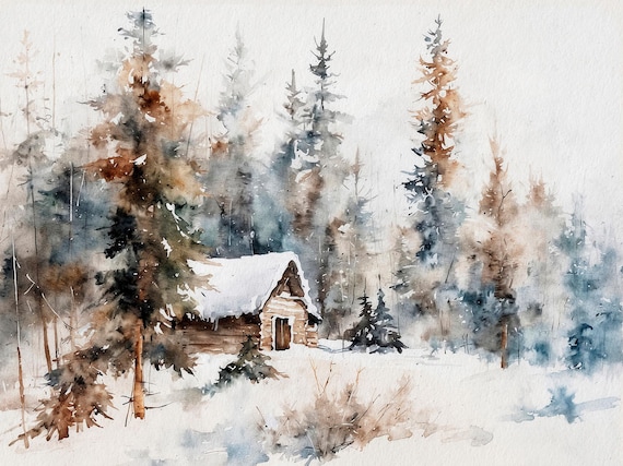 冬の小屋の水彩画：雪に覆われた松林の壁アート - Etsy 日本
