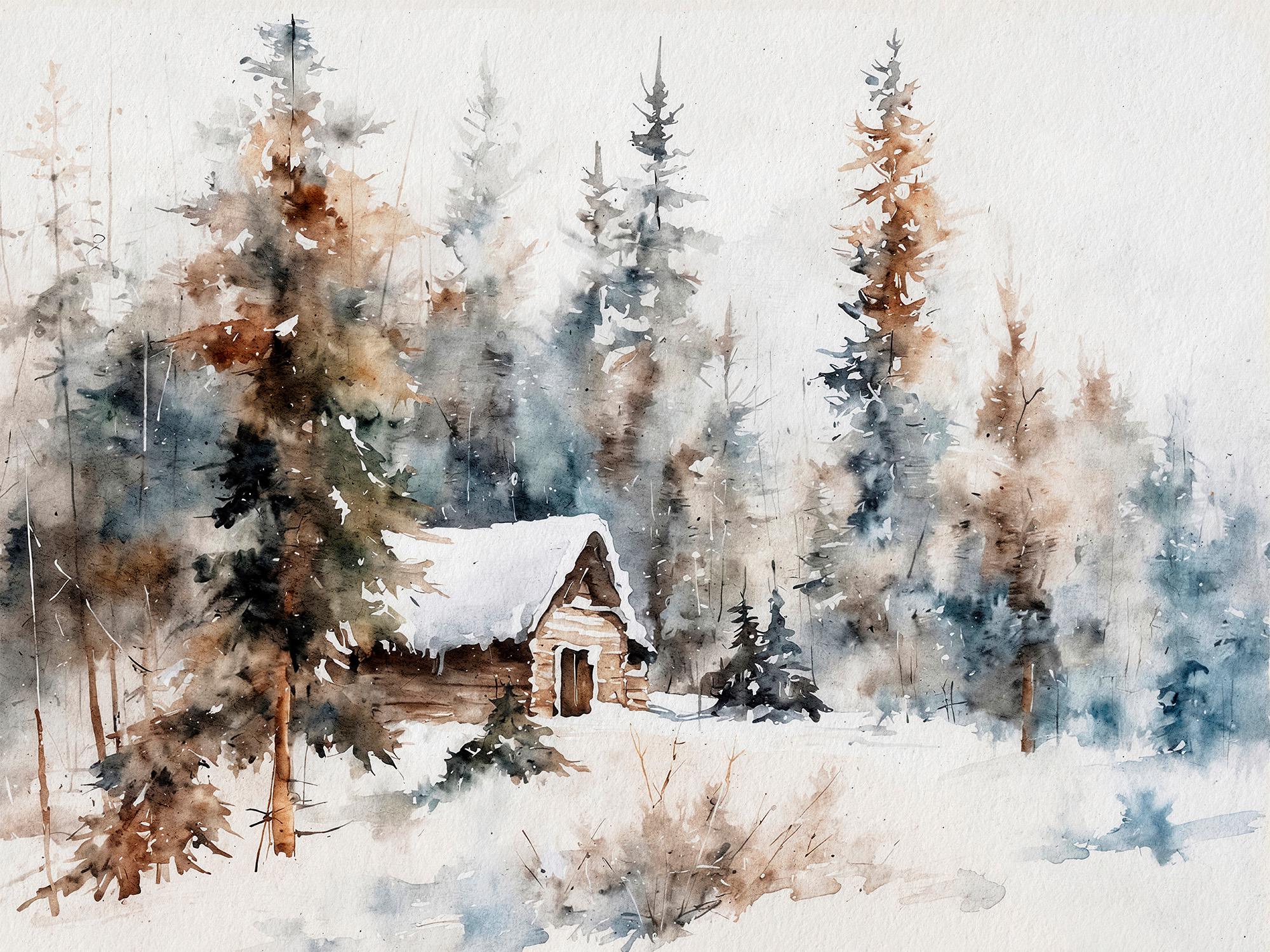 冬の小屋の水彩画：雪に覆われた松林の壁アート - Etsy 日本