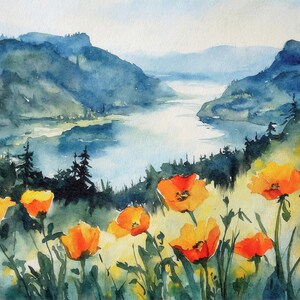Stampa ad acquerello Columbia Gorge, pittura di fiume di montagna, fiori selvatici, paesaggio, papaveri arancioni, opera d'arte, poster di alberi di pino
