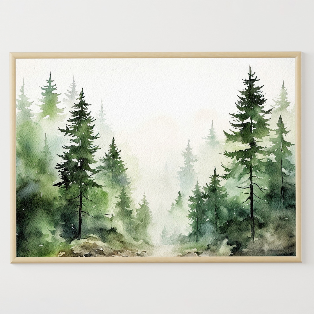Evergreen Trees Painting Pine Forest Watercolor Misty Forest Art Print ...