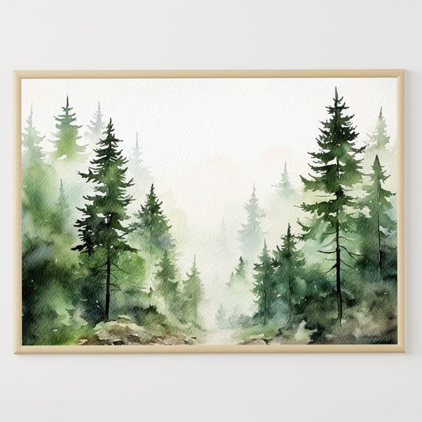 Arbres à feuilles persistantes peinture forêt de pins aquarelle forêt brumeuse impression d’art paysage forestier