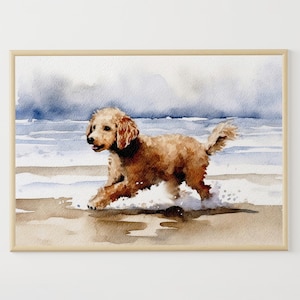 Running Dog on Beach Painting Poodle Art Large Watercolor Print Ocean Wall Art Neutral Wall Art