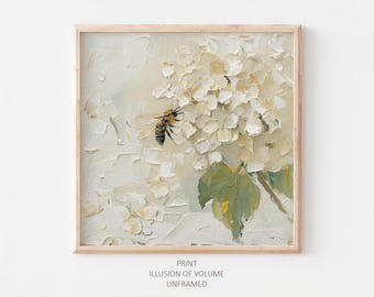 Hydrangea & Bee Floral Print: Botanical Oil Painting Wall Art