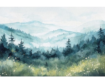 Blue Ridge Mountains Watercolor Art Print: Appalachian Landscape