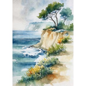 Puede incluir: Pintura a la acuarela de un paisaje costero. La obra representa un acantilado con árboles verdes y vegetación con vistas a un océano azul. El cielo es de un suave azul grisáceo, y el estilo es impresionista.