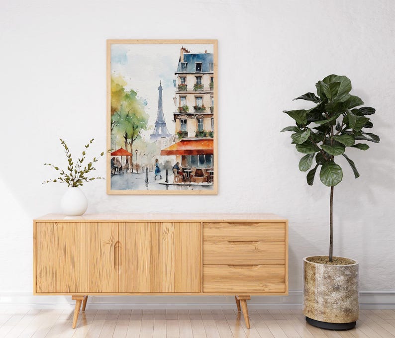 Akvarellkonsttryck i Paris stadsbild: Eiffeltornets caféscen bild 7