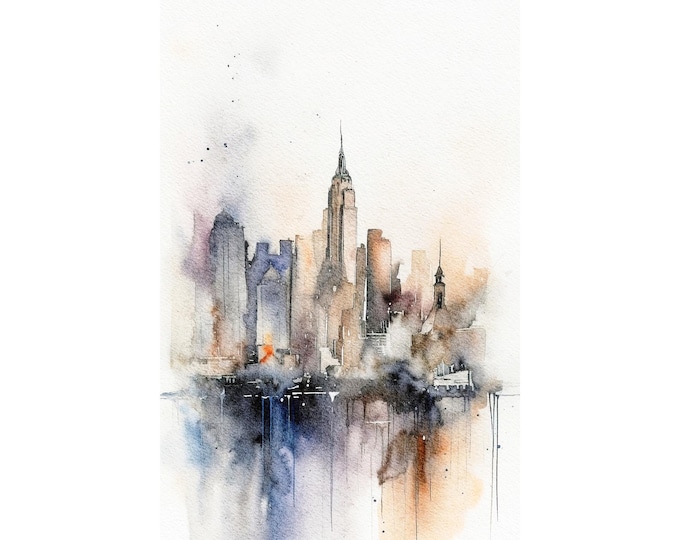New York Skyline Watercolor Big Apple Painting Skyscrapers Art Print Architecture Large Wall Art