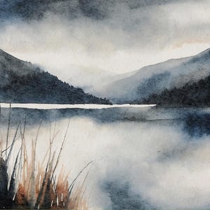 Idaho Mountain Lake Watercolor Art Print Lake Coeur d&#39;Alene Painting Idaho Landscape Indigo Blue Wall Art Lake House Wall Decor