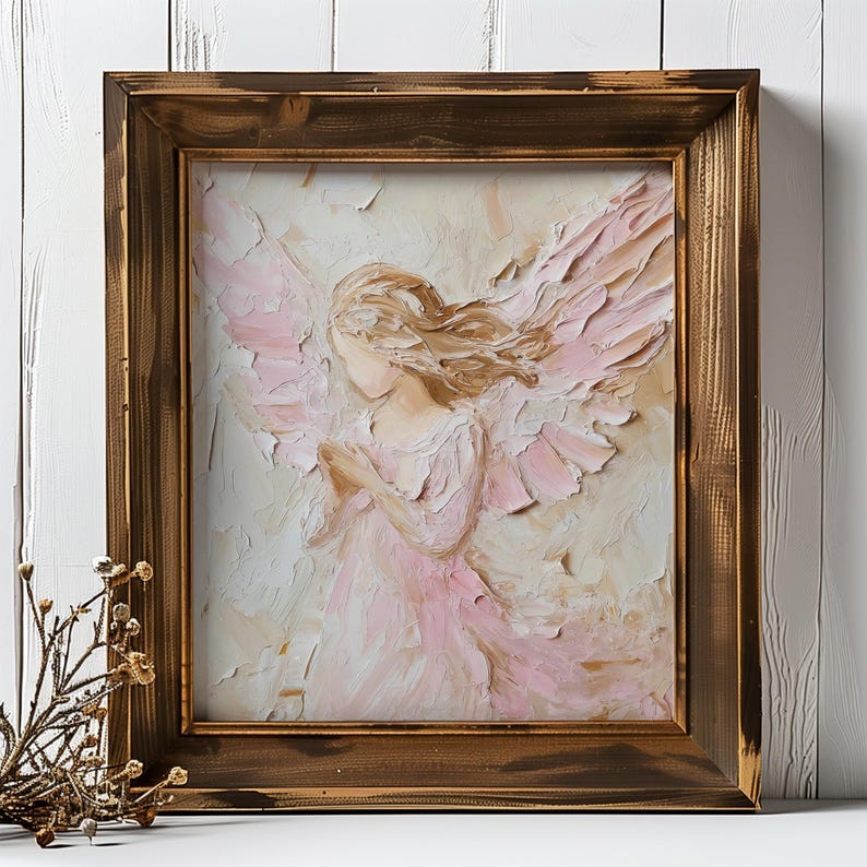May include: A framed painting of an angel with pink wings and a white dress. The angel is depicted with its head tilted down and its hands clasped in prayer. The painting is done in a painterly style with visible brushstrokes.