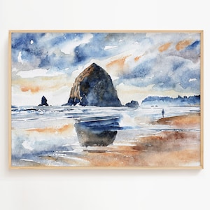 Cannon Beach Watercolor Art Print Haystack Rock Painting Oregon Coast Wall Art Seaside Poster