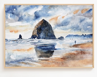 Cannon Beach Watercolor Art Print Haystack Rock Painting Oregon Coast Wall Art Seaside Poster
