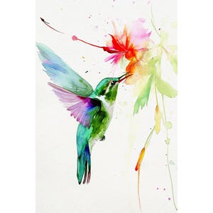 Póster de acuarela de colibrí, pintura de aves tropicales, impresión artística de flores, póster de pajarito, arte mural de naturaleza
