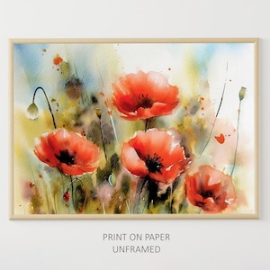 Poppy Field Watercolor Painting Wildflowers Art Print Floral Wall Art Red Flowers Poster