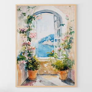 ナポリ 水彩画 アートプリント 窓の景色 絵画 イタリア海岸 アートワーク 旅行ギフト 海岸沿いの街並み