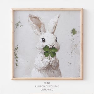 Dipinto a trifoglio, regalo per il giorno di San Patrizio, poster con coniglietto, stampa artistica di quadrifoglio e coniglio da un dipinto a olio originale