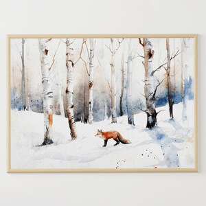 Rotfuchs Aquarell Druck Birkenwald Gemälde Druck Wald Wand Kunst Natur Poster Winter Wand Dekor