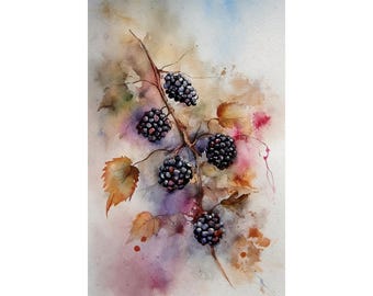 Blackberry Watercolor Painting Kitchen Wall Art Berries Art Print Forest Plants Poster