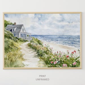 ケープコッドの水彩画プリント ビーチの風景画 ビーチハウスの装飾 海辺の壁アート 野生の花のアートワーク