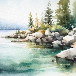 Tahoe Lake Painting National Park Art California Landscape Watercolor Mountain Lake Art Print Nature Panoramic Poster