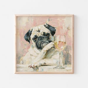 May include: A square oil painting featuring a fawn-coloured pug with a black muzzle and ears, resting its head on one paw. Beside the dog sits a clear stemmed glass filled with a golden liquid, all set against a textured, muted pink background.