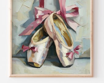 ピンクのトウシューズ バレエアート 水彩画 - ピンクのバレエシューズ