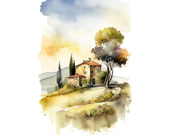 Tuscany Cottage Painting Italian Landscape Green Hills Watercolor Cottage Art Print Countryside Poster