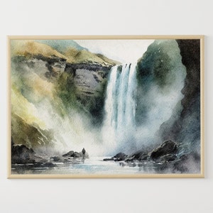 Iceland Painting Waterfall Watercolor Skogafoss Artwork Iceland Travel Poster Sudurland Art