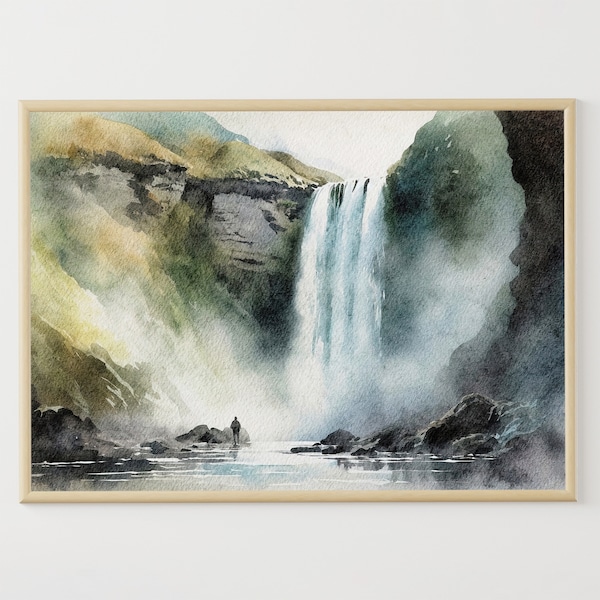 Islande, peinture, cascade, aquarelle, Skogafoss, oeuvre, Islande, voyage, affiche, sudurland, art