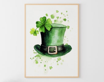 St. Patrick's Day Poster Shamrock Watercolor Painting Leprechaun Hat Artwork Irish Wall Art