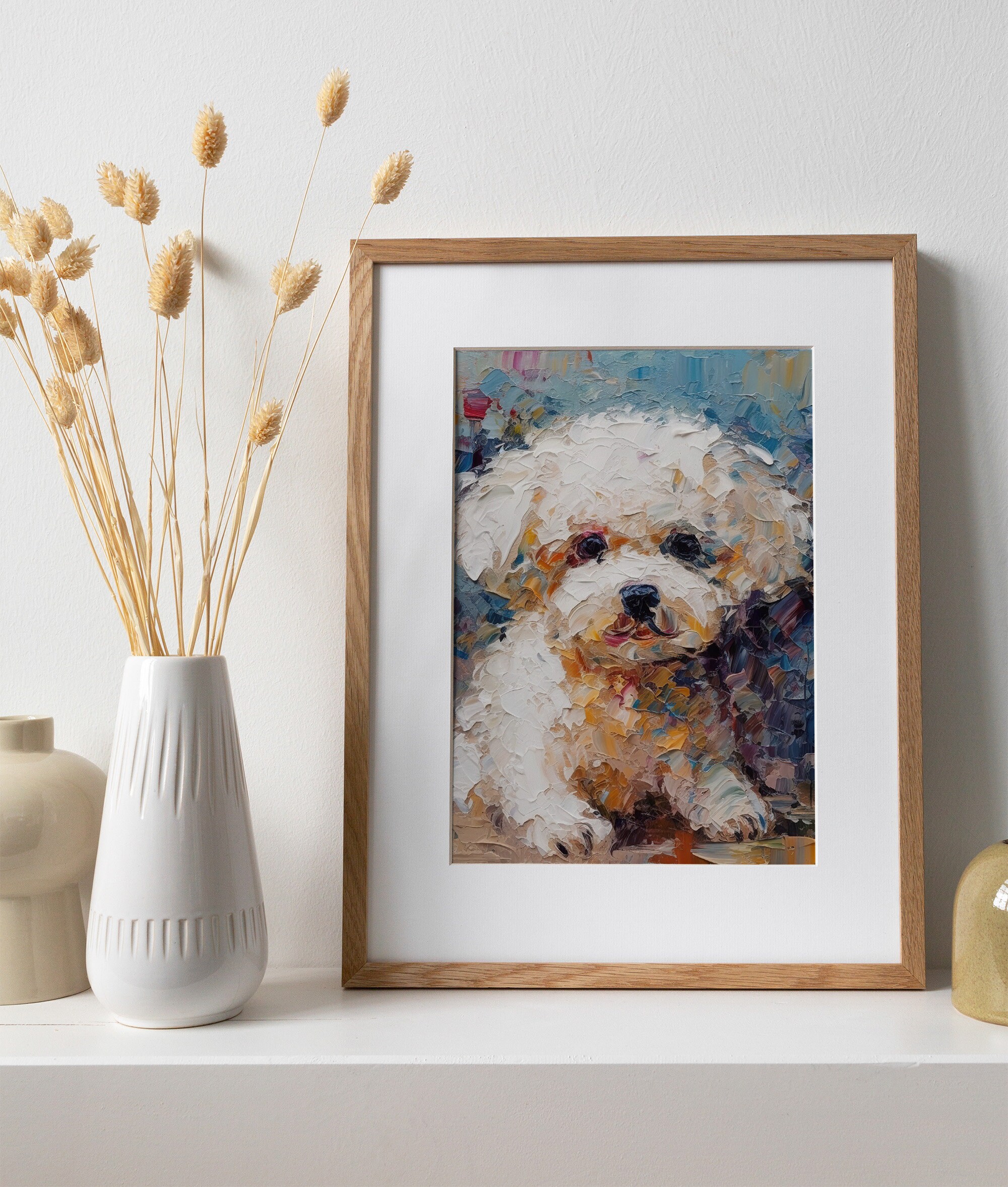 ビションフリーゼの油絵プリントペットの絵画かわいい子犬の壁アート犬