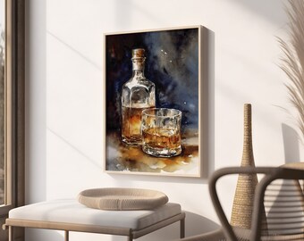 ウイスキーボトルの水彩画：昔ながらのドリンクアートプリント