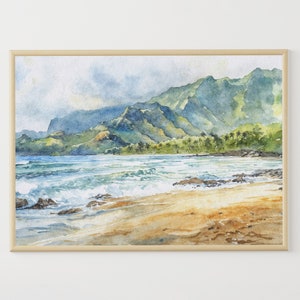 ハワイの絵画 カウアイ ナ パリ 水彩画 ハワイアン ビーチ アートワーク 熱帯沿岸風景 海景 ウォールアート
