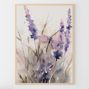 Dragonfly Painting Lavender Watercolor Floral Art Print Meadow Wall Art Flowers Artwork