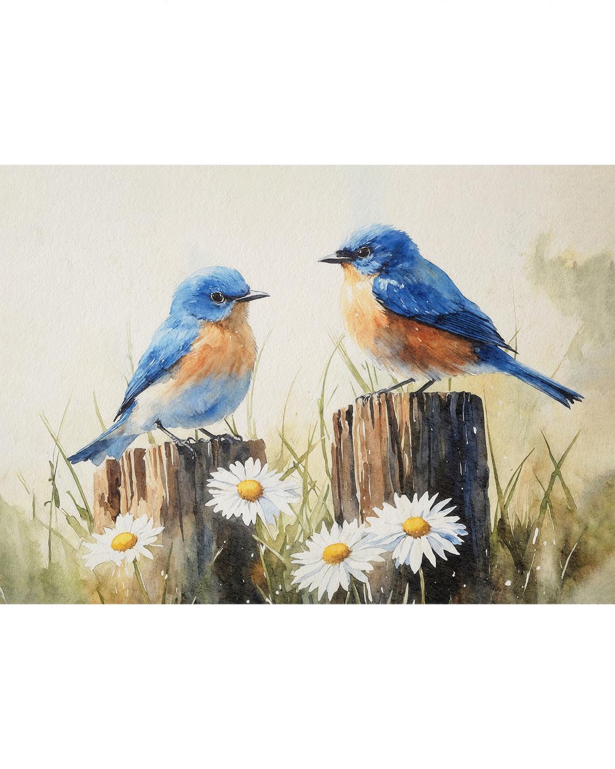 ブルーバードの水彩画プリント、デイジーの絵画、カップルの鳥のアート