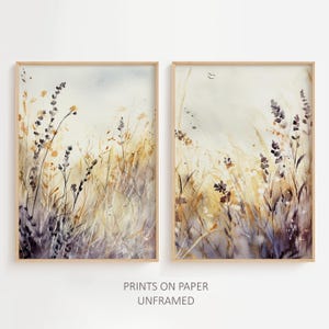 Meadow Watercolor Set Of 2 Prints Wildflowers Painting Neutral Floral Wall Art Summer Field Art Print
