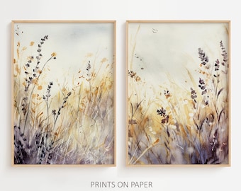 Meadow Watercolor Set Of 2 Prints Wildflowers Painting Neutral Floral Wall Art