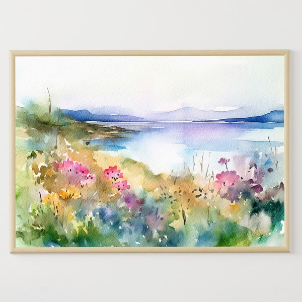 Mountain Lake Watercolor Painting Flowers Field Landscape Meadow Wall Art Lake Shore Art Print