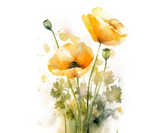Yellow Poppy Watercolor Painting Wildflowers Poster Floral Wall Art Flowers Art Print