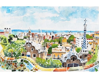 Barcelona Painting Spain Watercolor Art Print Cityscape Wall Art Europe Travel Poster