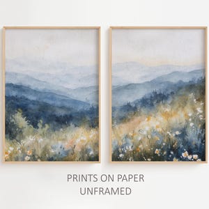 スモーキーマウンテンズ 水彩画 2枚セット アパラチア山脈 春の花 アートワーク 霧のかかった風景
