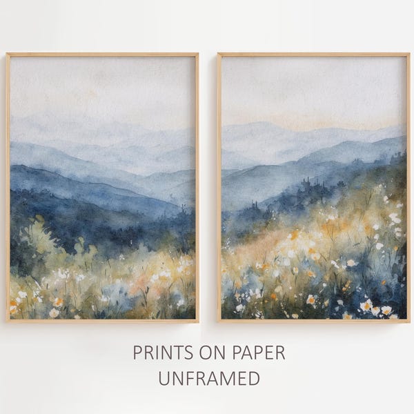 Conjunto de 2 impresiones en acuarela de las Montañas Humeantes, pintura de los Apalaches, flores de primavera, obra de arte, paisaje brumoso