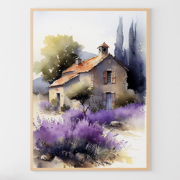 Tuscany Painting Italian Landscape Lavender Watercolor Cottage Art Print Countryside Poster