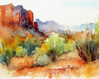 Desert Painting Arizona Watercolor Landscape Saguaro Desert Poster Arizona Wall Art