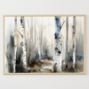 Birch Trees Watercolor Painting Birch Forest Art Print Forest Landscape Neutral Wall Art Misty Forest Poster
