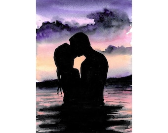 Romantische paar kus aquarel kunstafdruk: geliefden silhouet